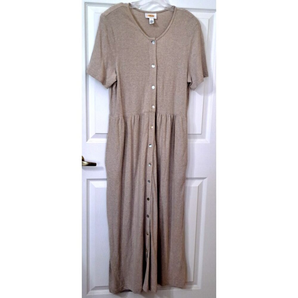 Tallbots Women's L Beige Linen Blend Button Front Maxi Dress Short Sleeves